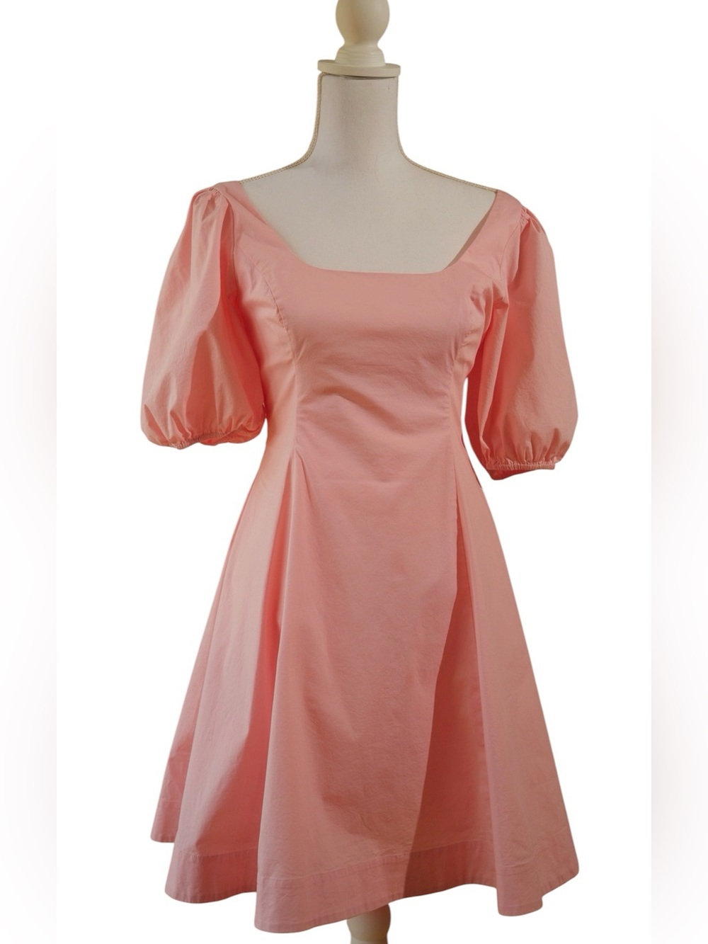 STAUD Coral Pink Square-Neck Dress with Puff Sleeves Women’s Size 6